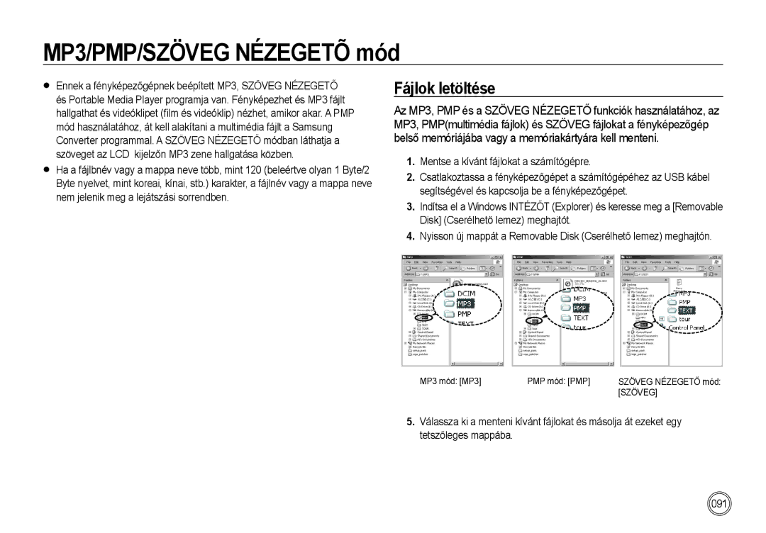 Samsung EC-I85ZZSBA/E2, EC-I85ZZBBA/E3, EC-I85ZZBBA/E1, EC-I85ZZRBA/E1 manual MP3/PMP/SZÖVEG Nézegetõ mód, Fájlok letöltése 