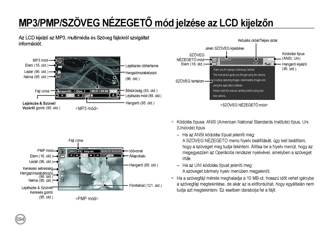 Samsung EC-I85ZZSBA/E3, EC-I85ZZBBA/E3, EC-I85ZZBBA/E1 manual MP3/PMP/SZÖVEG Nézegető mód jelzése az LCD kijelzőn, MP3 mód 