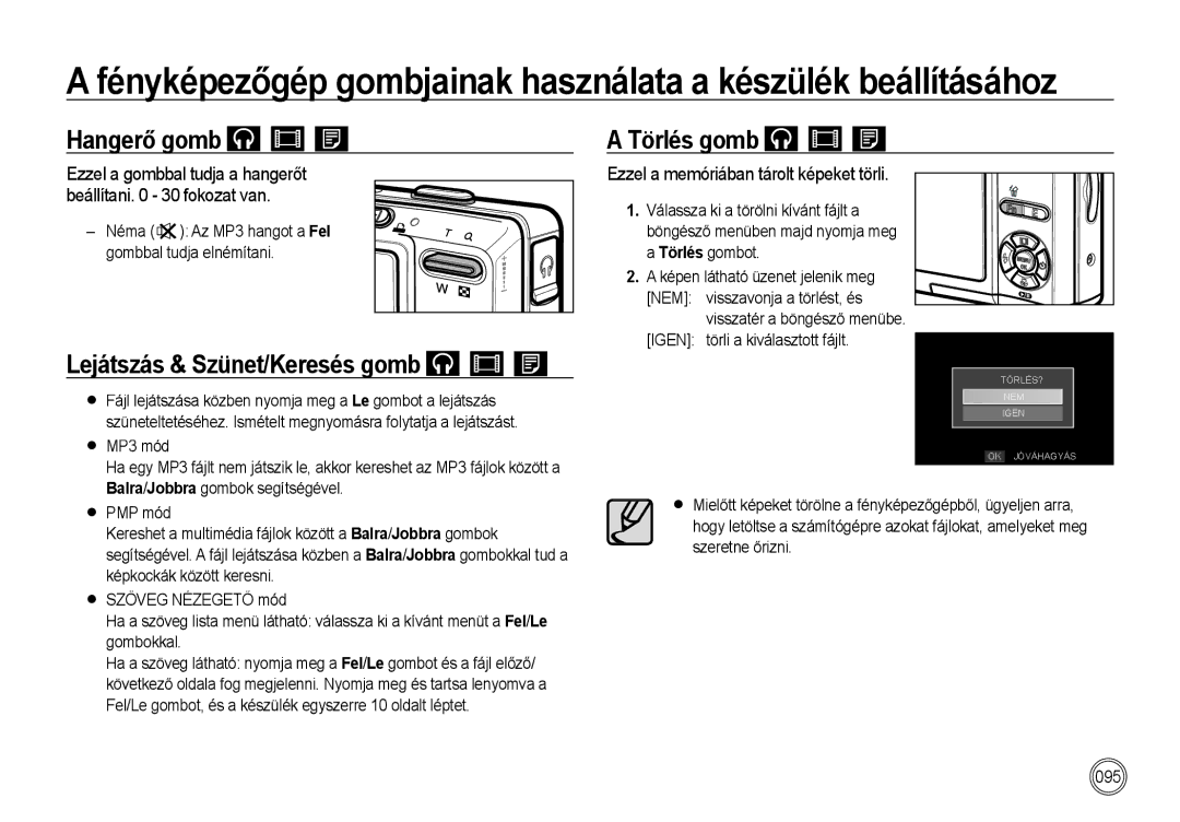 Samsung EC-I85ZZBBA/IT Hangerő gomb, Törlés gomb, Lejátszás & Szünet/Keresés gomb, Ezzel a memóriában tárolt képeket törli 