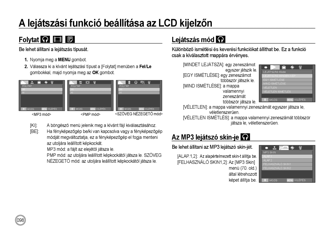 Samsung EC-I85ZZRBA/E1, EC-I85ZZBBA/E3, EC-I85ZZBBA/E1 manual Folytat, Lejátszás mód, Be lehet állítani a lejátszás típusát 