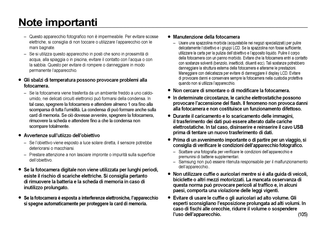 Samsung EC-I85ZZBBA/E1, EC-I85ZZBBA/E3, EC-I85ZZSBA/E2, EC-I85ZZSBA/E1, EC-I85ZZGBA/IT manual ’uso dell’apparecchio 105 