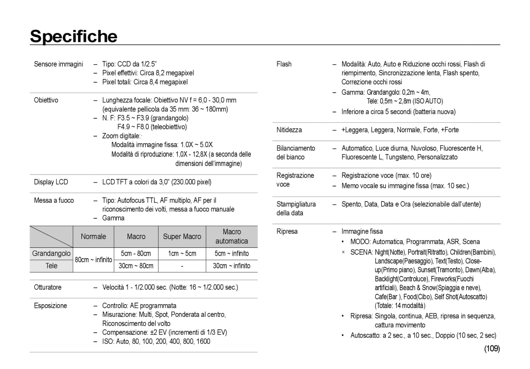 Samsung EC-I85ZZRBA/IT, EC-I85ZZBBA/E3, EC-I85ZZBBA/E1, EC-I85ZZSBA/E2, EC-I85ZZSBA/E1, EC-I85ZZGBA/IT manual Speciﬁche, 109 