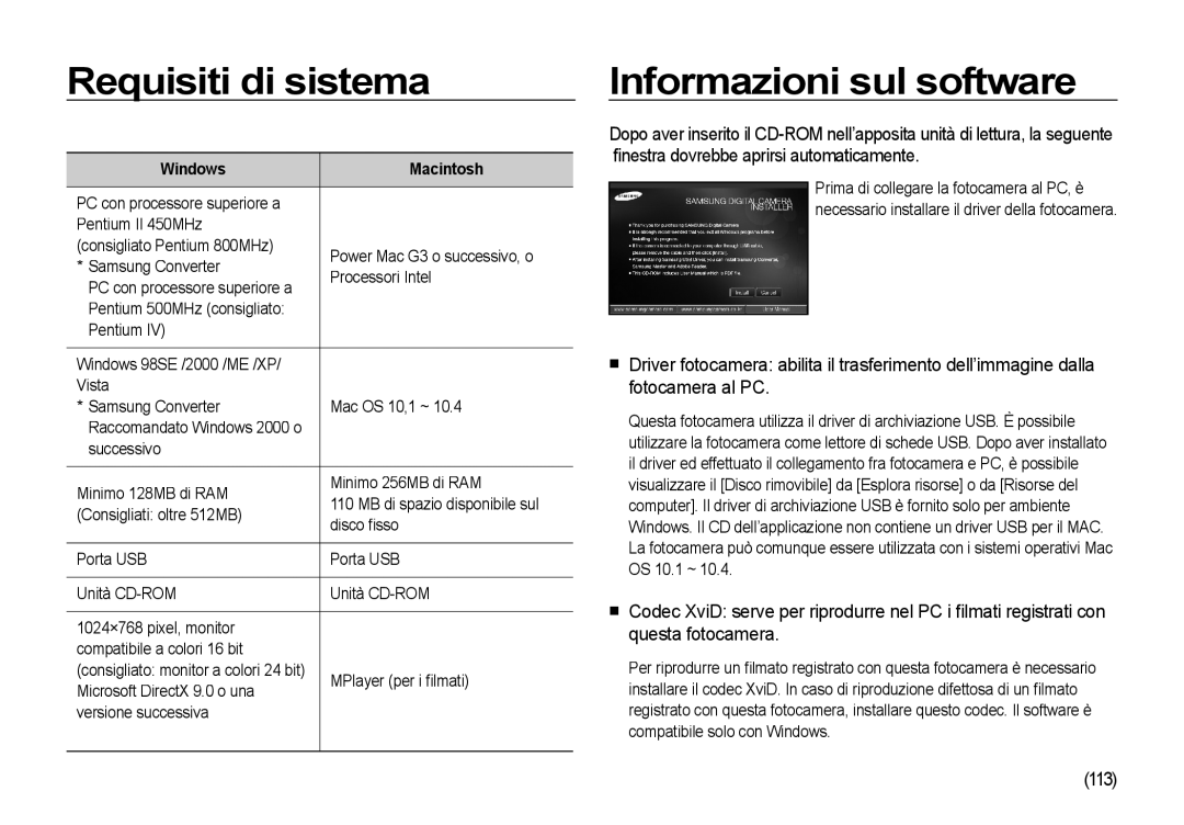 Samsung EC-I85ZZBBA/E1, EC-I85ZZBBA/E3 manual Requisiti di sistema, Informazioni sul software, 113, WindowsMacintosh 