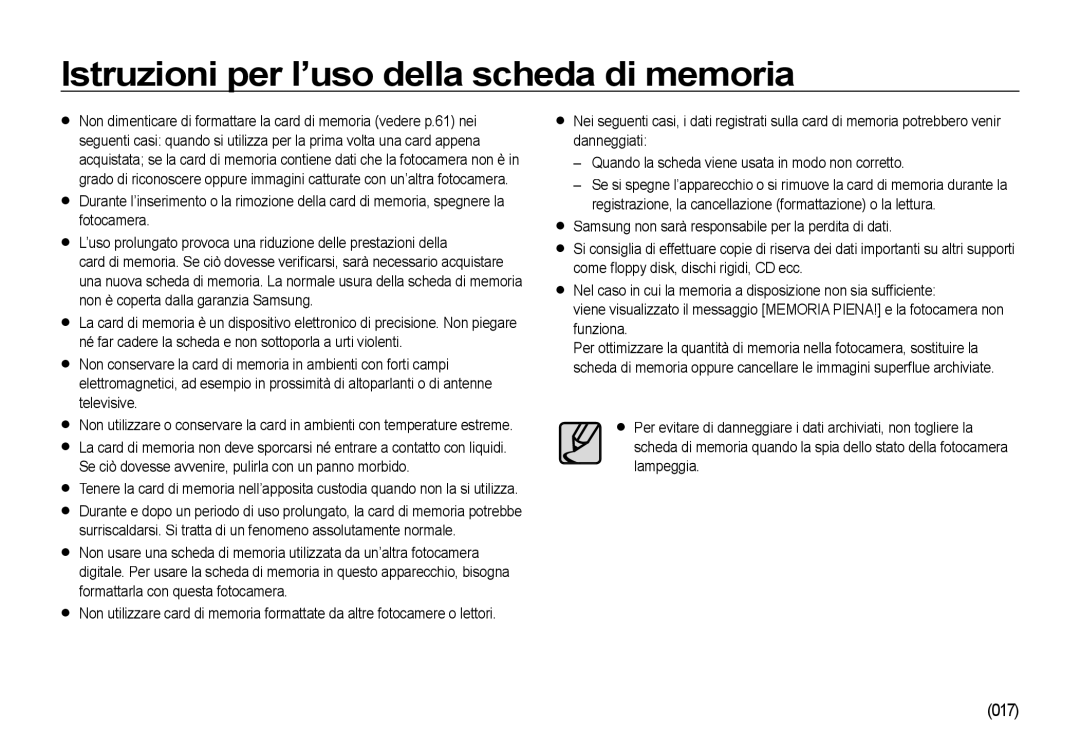 Samsung EC-I85ZZBBA/E1, EC-I85ZZBBA/E3, EC-I85ZZSBA/E2, EC-I85ZZSBA/E1 Istruzioni per l’uso della scheda di memoria, 017 