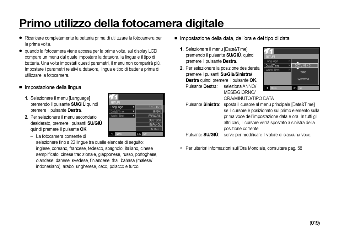 Samsung EC-I85ZZSBA/E1, EC-I85ZZBBA/E3 manual Primo utilizzo della fotocamera digitale,  Impostazione della lingua, 019 