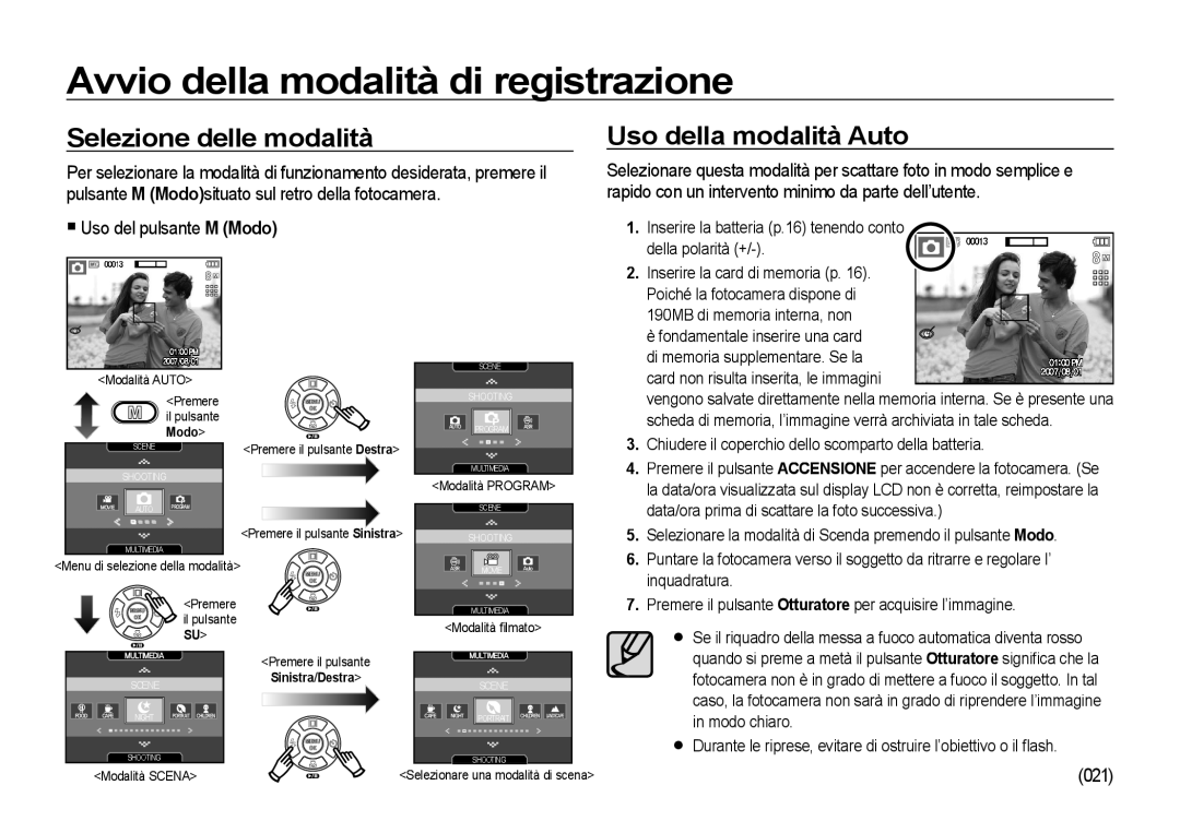 Samsung EC-I85ZZRBA/IT manual Avvio della modalità di registrazione, Selezione delle modalità, Uso della modalità Auto, 021 