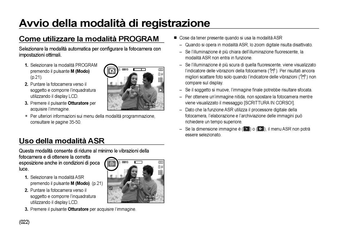 Samsung EC-I85ZZBBA/IT Come utilizzare la modalità Program, Uso della modalità ASR, 022, Premendo il pulsante M Modo p.21 