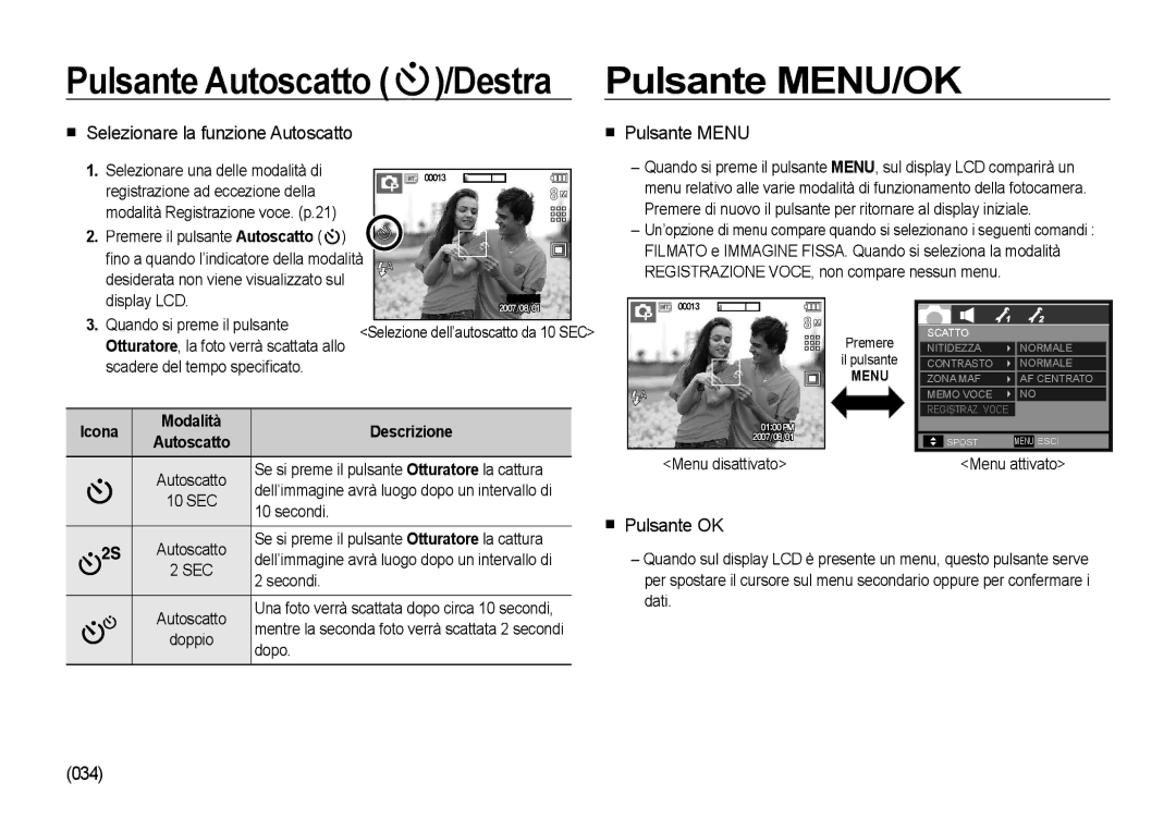 Samsung EC-I85ZZSBA/E2 manual Pulsante MENU/OK,  Selezionare la funzione Autoscatto,  Pulsante Menu,  Pulsante OK, 034 