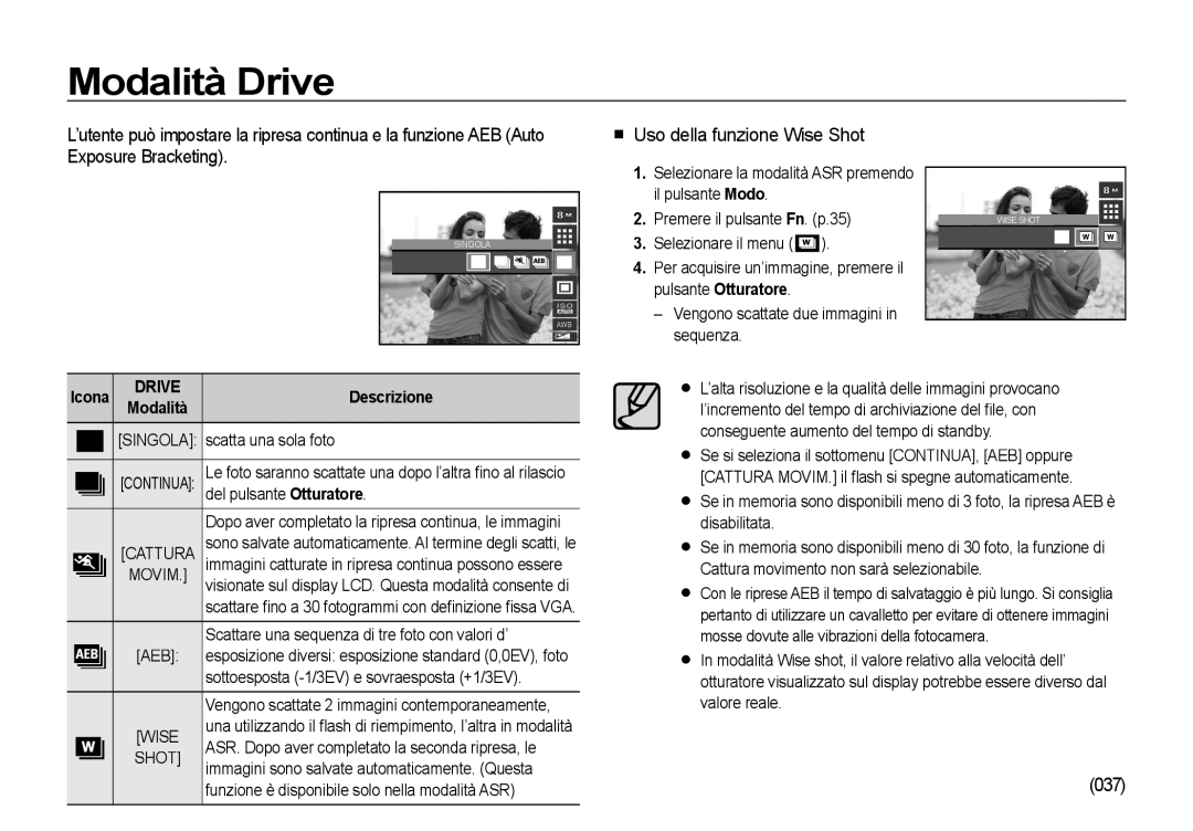 Samsung EC-I85ZZRBA/IT, EC-I85ZZBBA/E3, EC-I85ZZBBA/E1 manual Modalità Drive,  Uso della funzione Wise Shot, 037, Icona 