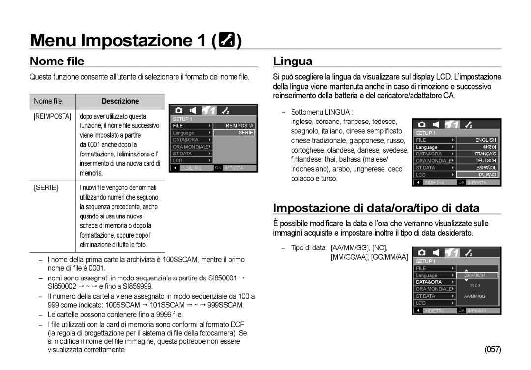 Samsung EC-I85ZZBBA/E1, EC-I85ZZBBA/E3, EC-I85ZZSBA/E2 manual Nome ﬁle, Lingua, Impostazione di data/ora/tipo di data, 057 