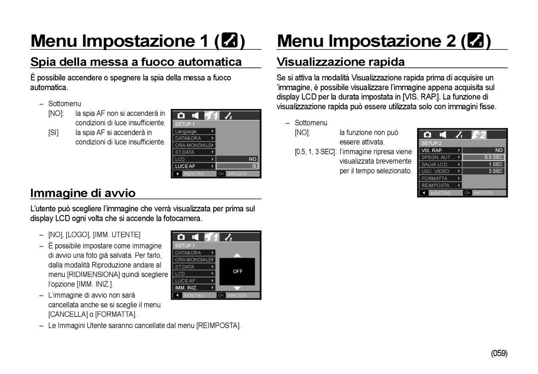 Samsung EC-I85ZZSBA/E1, EC-I85ZZBBA/E3 Spia della messa a fuoco automatica, Visualizzazione rapida, Immagine di avvio, 059 