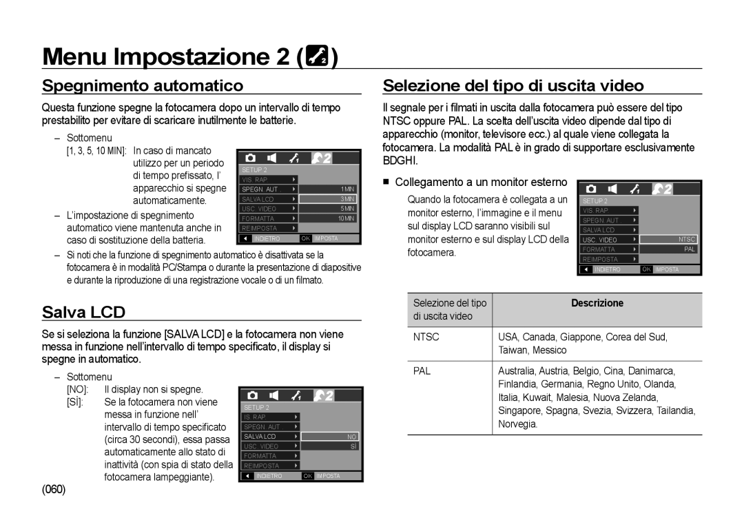 Samsung EC-I85ZZGBA/IT, EC-I85ZZBBA/E3 manual Spegnimento automatico, Selezione del tipo di uscita video, Salva LCD, 060 