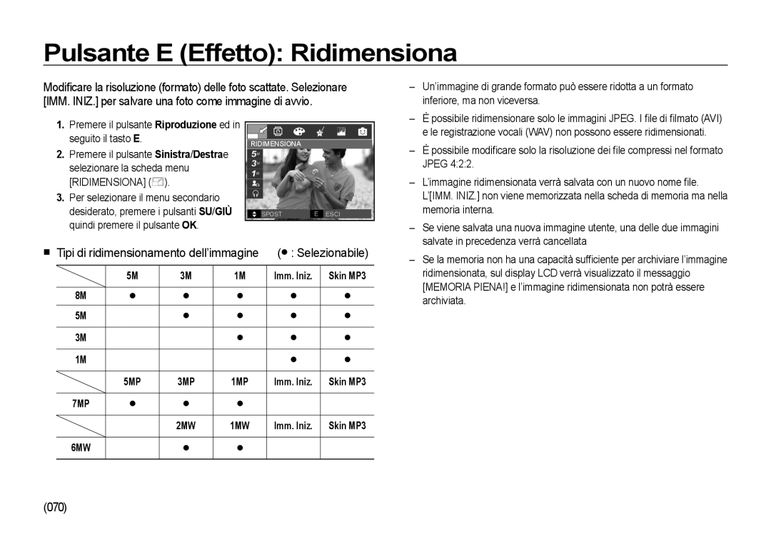 Samsung EC-I85ZZBBA/IT, EC-I85ZZBBA/E3, EC-I85ZZBBA/E1, EC-I85ZZSBA/E2 Pulsante E Effetto Ridimensiona, 070,  Selezionabile 