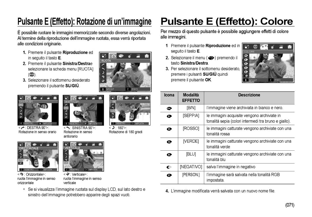 Samsung EC-I85ZZSBA/IT, EC-I85ZZBBA/E3, EC-I85ZZBBA/E1, EC-I85ZZSBA/E2 manual 071, Seguito il tasto E, Tasto Sinistra/Destra 