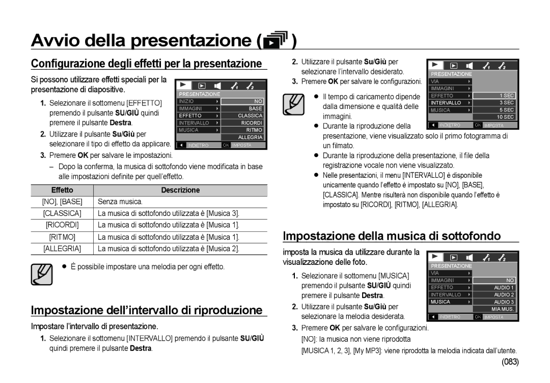 Samsung EC-I85ZZSBA/E1 manual Impostazione dell’intervallo di riproduzione, Impostazione della musica di sottofondo 