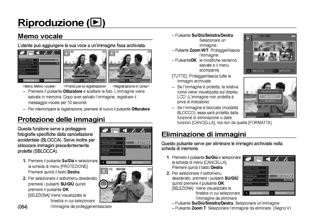 Samsung EC-I85ZZGBA/IT, EC-I85ZZBBA/E3 manual Riproduzione, Memo vocale, Protezione delle immagini, Eliminazione di immagini 