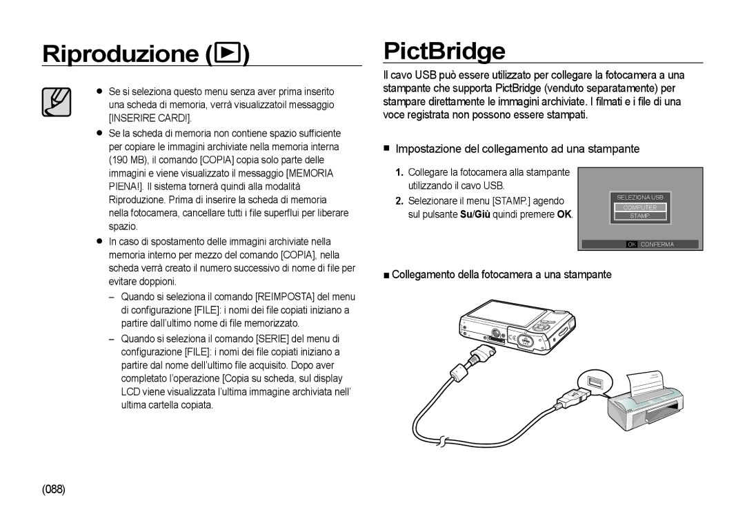 Samsung EC-I85ZZBBA/E3, EC-I85ZZBBA/E1, EC-I85ZZSBA/E2 manual PictBridge,  Impostazione del collegamento ad una stampante 