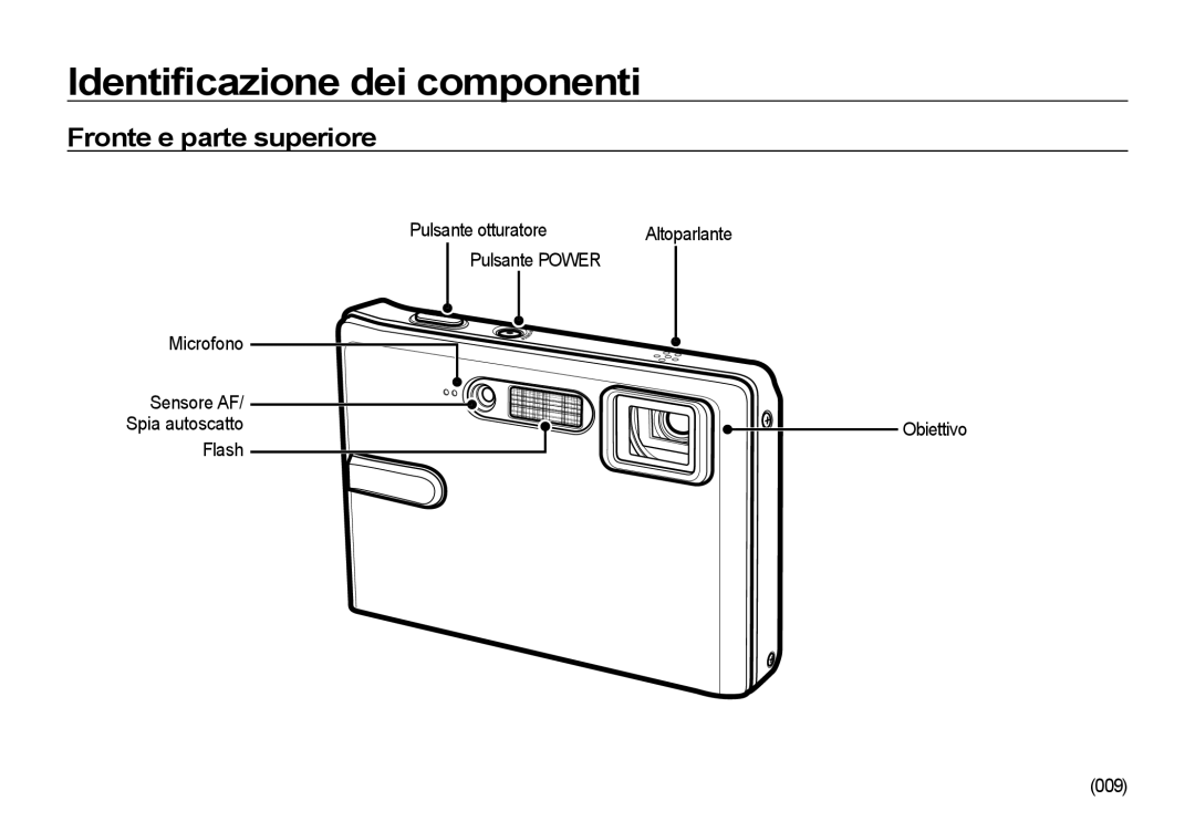 Samsung EC-I85ZZBBA/E1, EC-I85ZZBBA/E3 Identiﬁcazione dei componenti, Fronte e parte superiore, Flash 009, Spia autoscatto 