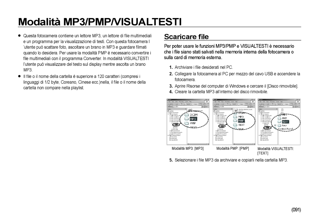 Samsung EC-I85ZZSBA/E1, EC-I85ZZBBA/E3, EC-I85ZZBBA/E1, EC-I85ZZSBA/E2 manual Modalità MP3/PMP/VISUALTESTI, Scaricare ﬁle, 091 