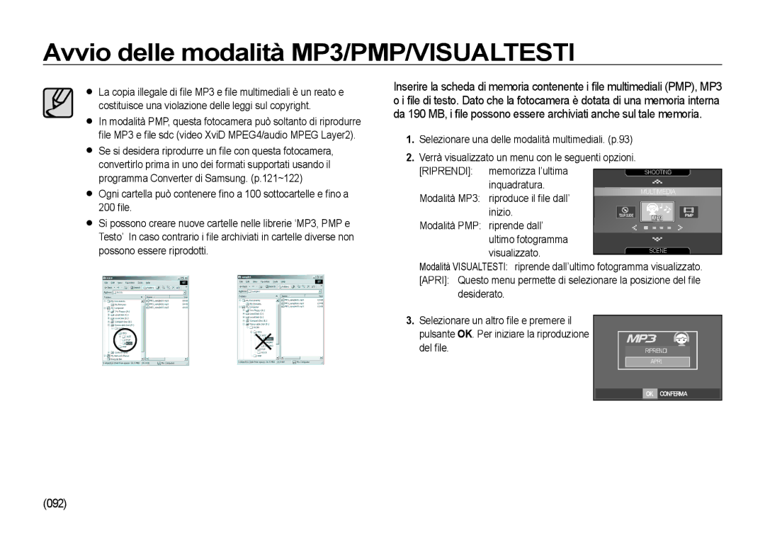 Samsung EC-I85ZZGBA/IT, EC-I85ZZBBA/E3, EC-I85ZZBBA/E1 manual Avvio delle modalità MP3/PMP/VISUALTESTI, 092, Del ﬁ le 