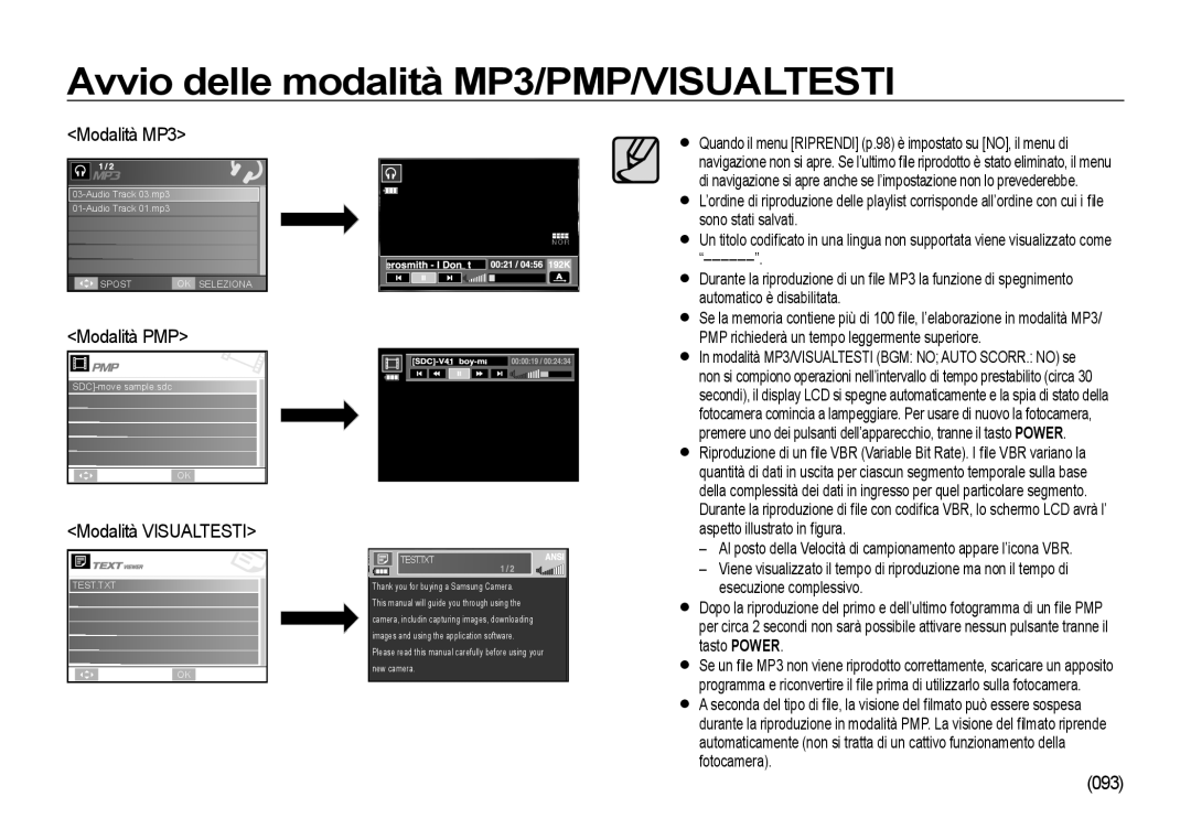 Samsung EC-I85ZZRBA/IT, EC-I85ZZBBA/E3, EC-I85ZZBBA/E1, EC-I85ZZSBA/E2 Modalità MP3, Modalità PMP, Modalità Visualtesti, 093 