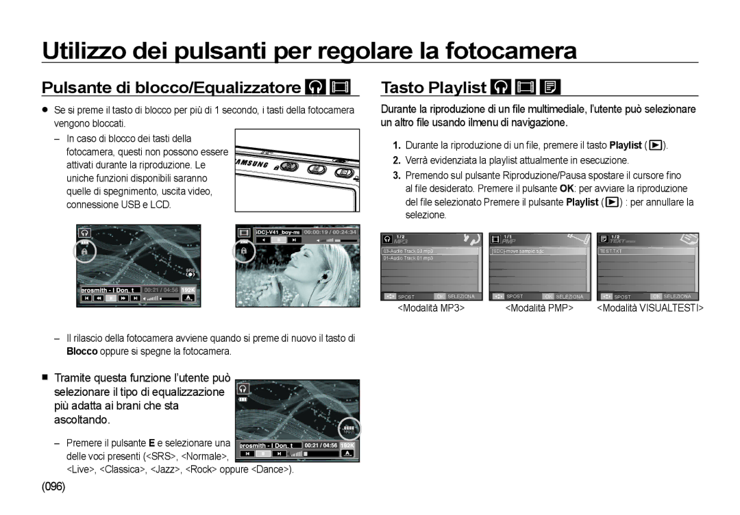 Samsung EC-I85ZZBBA/E3 manual Pulsante di blocco/Equalizzatore, Tasto Playlist, 096, Modalità PMP Modalità Visualtesti 