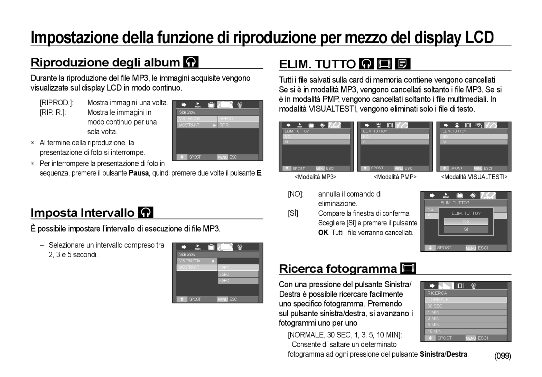 Samsung EC-I85ZZSBA/E1, EC-I85ZZBBA/E3 manual Riproduzione degli album, Imposta Intervallo, Ricerca fotogramma, 099 