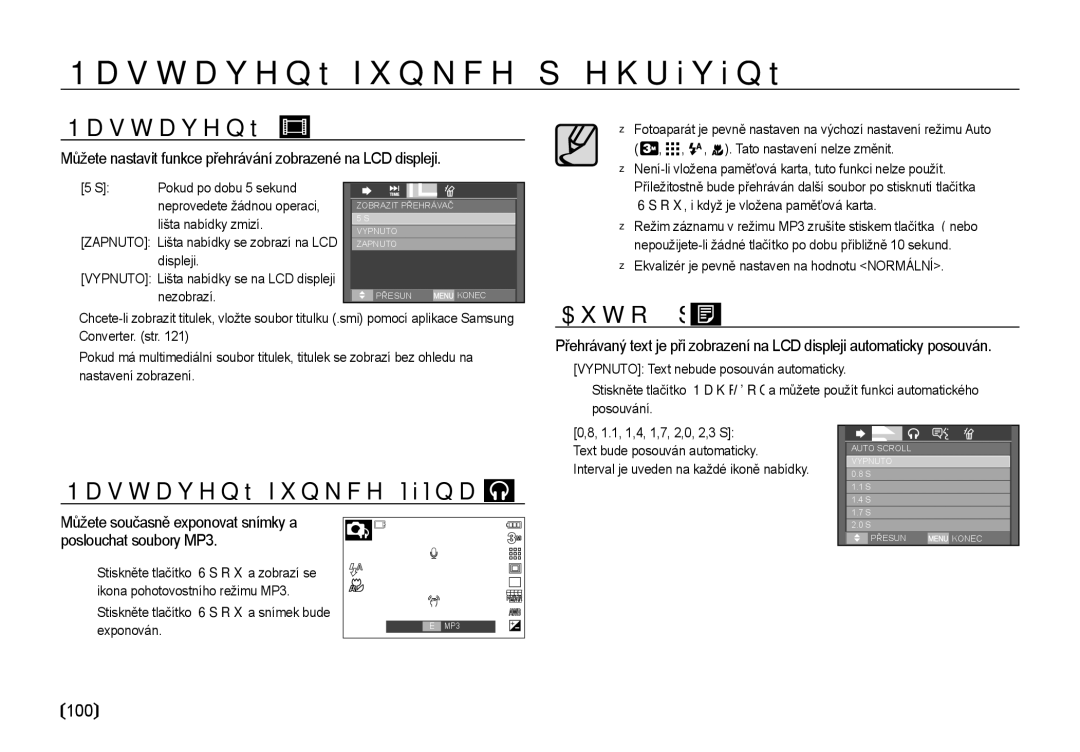 Samsung EC-I85ZZSBA/E3 Nastavení zobrazení, Auto. posun, 100, Můžete nastavit funkce přehrávání zobrazené na LCD displeji 