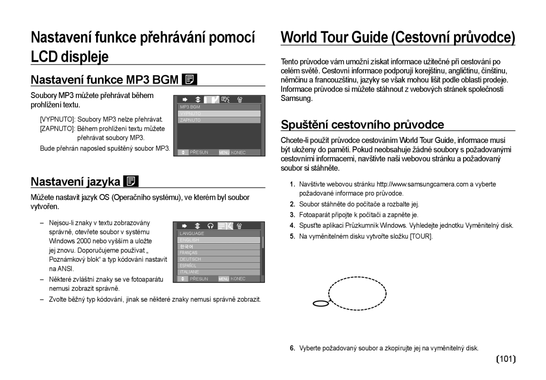 Samsung EC-I85ZZRBA/DE, EC-I85ZZBBA/E3 manual Nastavení funkce MP3 BGM, Spuštění cestovního průvodce, Nastavení jazyka, 101 