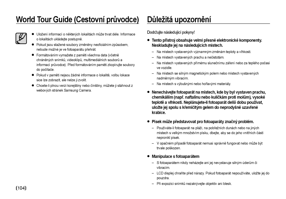 Samsung EC-I85ZZRBA/DE, EC-I85ZZBBA/E3, EC-I85ZZSBA/E3 manual Důležitá upozornění, 104, Dodržujte následující pokyny 