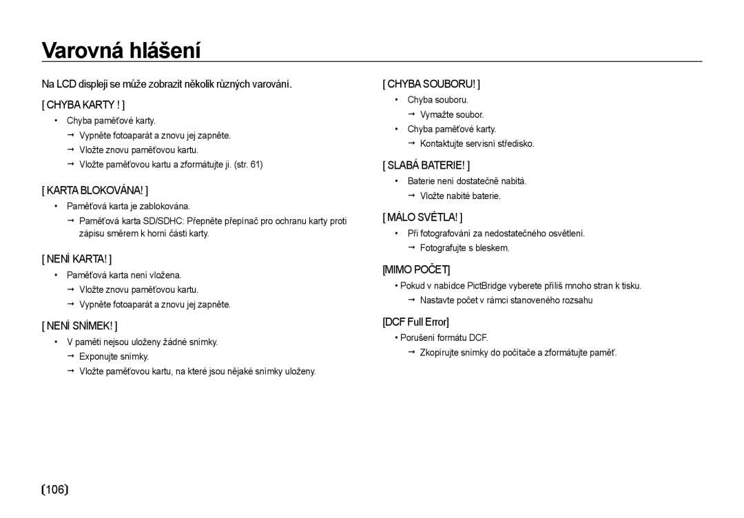 Samsung EC-I85ZZSBA/E3 Varovná hlášení, 106, Na LCD displeji se může zobrazit několik různých varování, DCF Full Error 