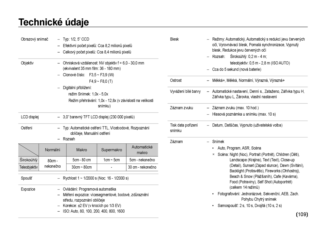 Samsung EC-I85ZZSBA/E3, EC-I85ZZBBA/E3, EC-I85ZZRBA/DE manual Technické údaje, 109 