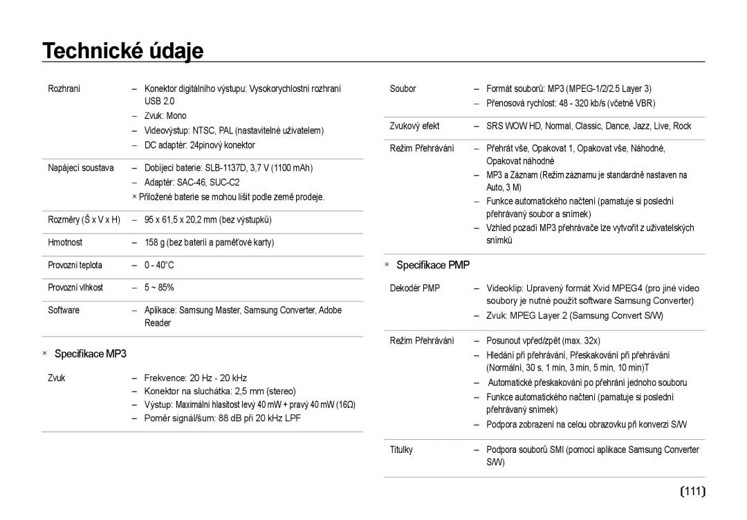 Samsung EC-I85ZZBBA/E3, EC-I85ZZSBA/E3, EC-I85ZZRBA/DE manual 111,  Speciﬁ kace MP3,  Speciﬁ kace PMP 