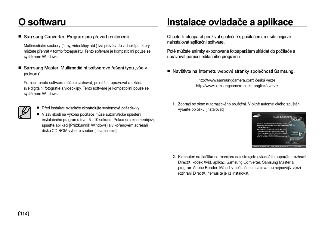 Samsung EC-I85ZZBBA/E3 Softwaru, Instalace ovladače a aplikace, 114,  Samsung Converter Program pro převod multimedií 