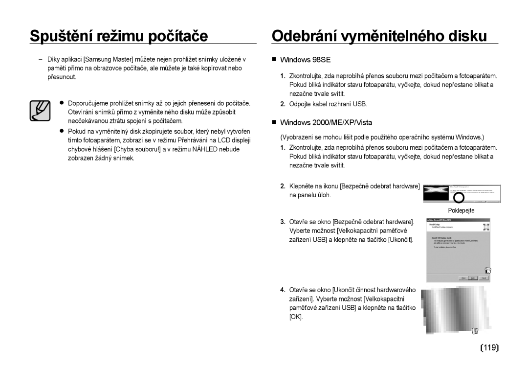 Samsung EC-I85ZZRBA/DE, EC-I85ZZBBA/E3 manual Odebrání vyměnitelného disku, 119,  Windows 98SE,  Windows 2000/ME/XP/Vista 