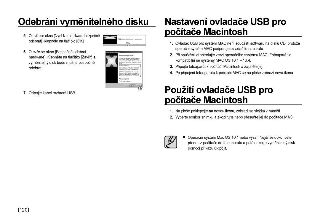 Samsung EC-I85ZZBBA/E3 Nastavení ovladače USB pro počítače Macintosh, Použití ovladače USB pro počítače Macintosh, 120 