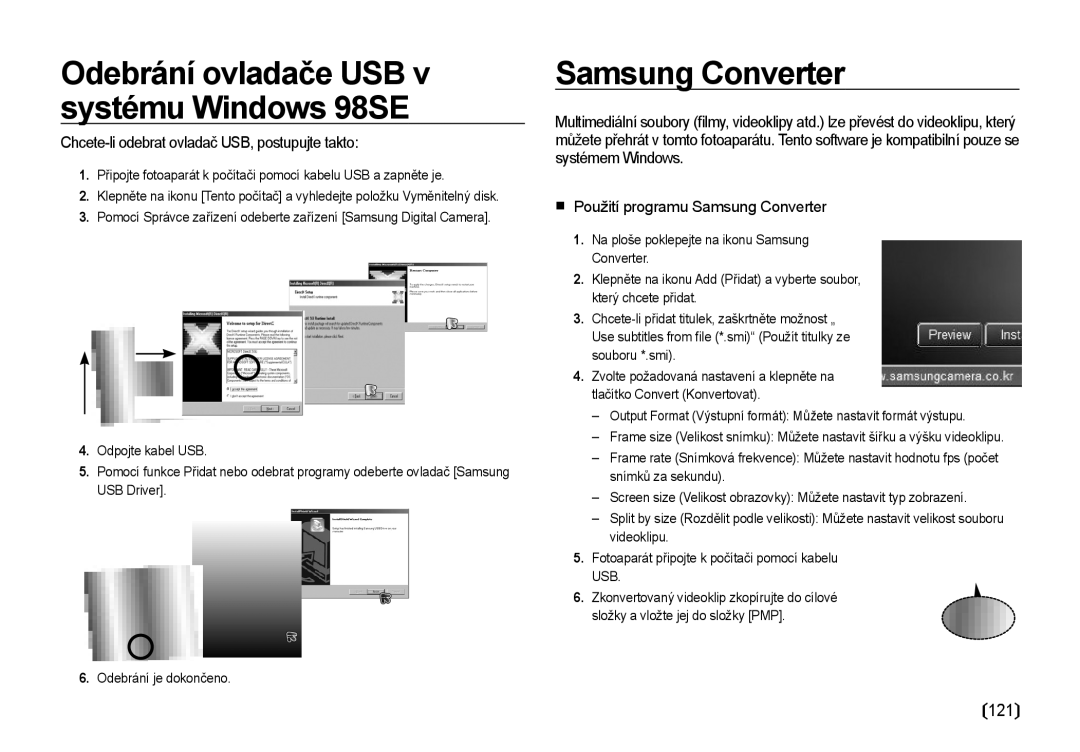 Samsung EC-I85ZZSBA/E3, EC-I85ZZBBA/E3 manual Samsung Converter, 121, Chcete-li odebrat ovladač USB, postupujte takto 