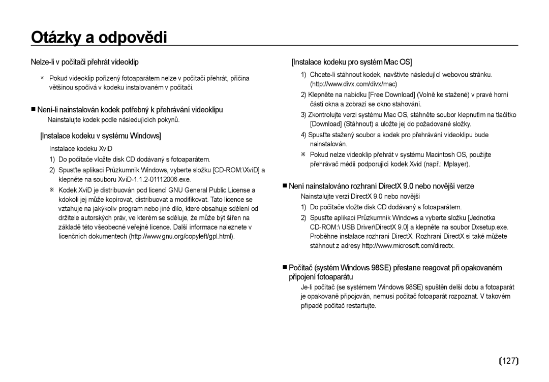 Samsung EC-I85ZZSBA/E3, EC-I85ZZBBA/E3 manual 127, Nelze-li v počítači přehrát videoklip, Instalace kodeku v systému Windows 