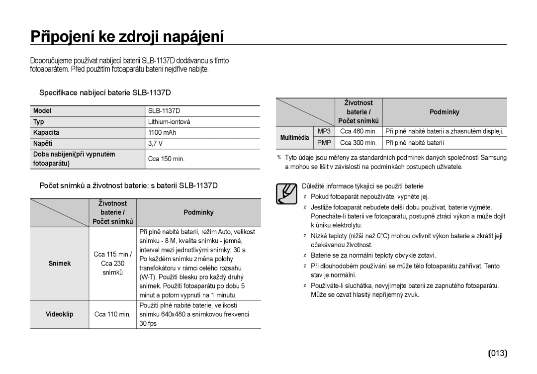 Samsung EC-I85ZZSBA/E3, EC-I85ZZBBA/E3 manual Připojení ke zdroji napájení, 013,  Speciﬁ kace nabíjecí baterie SLB-1137D 