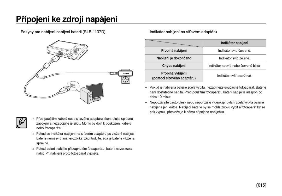 Samsung EC-I85ZZBBA/E3 015,  Pokyny pro nabíjení nabíjecí baterii SLB-1137D,  Indikátor nabíjení na síťovém adaptéru 