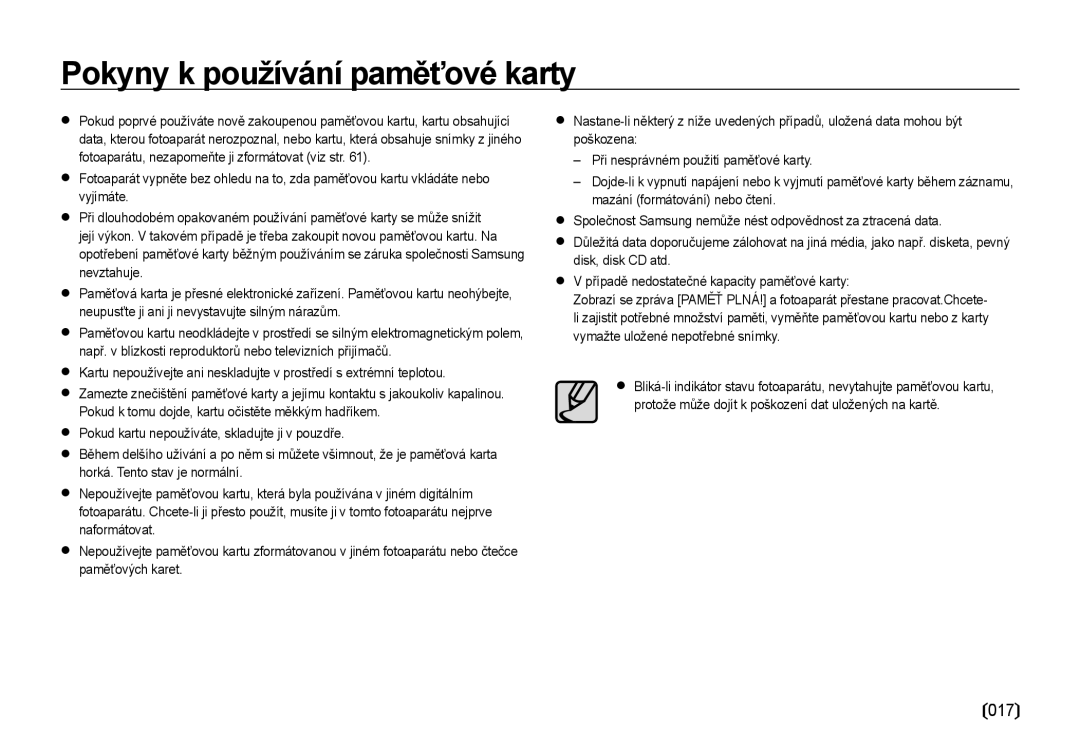 Samsung EC-I85ZZRBA/DE, EC-I85ZZBBA/E3, EC-I85ZZSBA/E3 manual Pokyny k používání paměťové karty, 017 