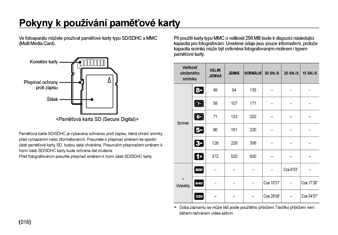 Samsung EC-I85ZZBBA/E3, EC-I85ZZSBA/E3, EC-I85ZZRBA/DE manual Paměťová karta SD Secure Digital, 018, Štítek, Velikost, Snímku 