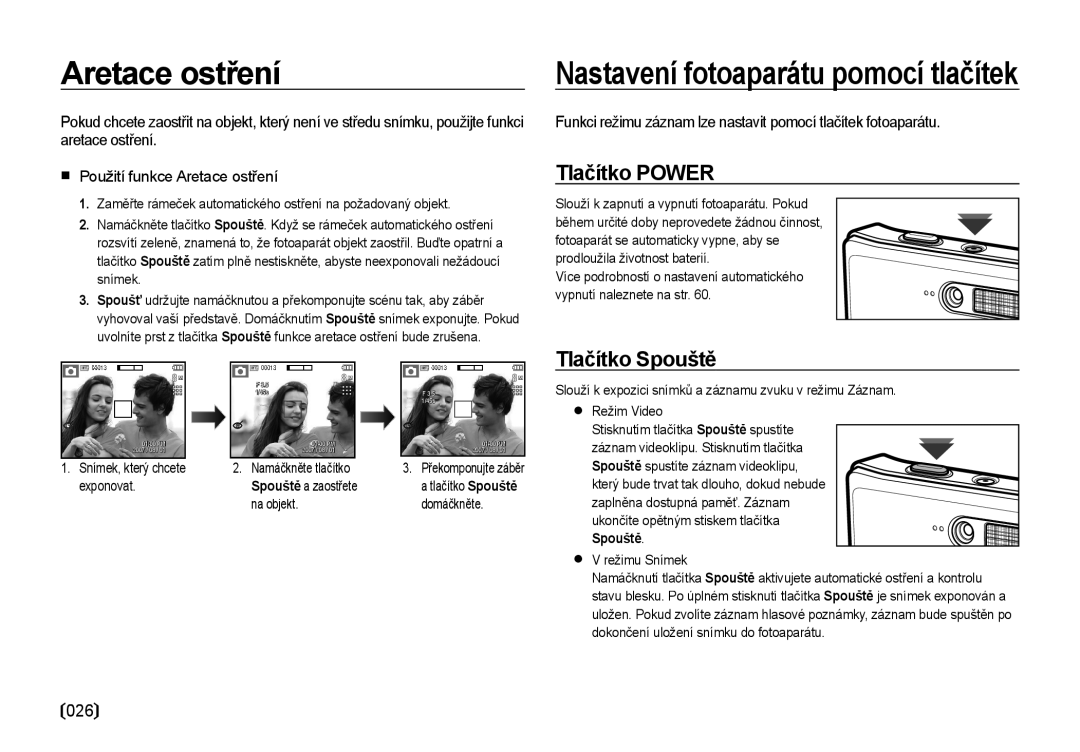 Samsung EC-I85ZZRBA/DE, EC-I85ZZBBA/E3, EC-I85ZZSBA/E3 manual Aretace ostření, 026, Spouště a zaostřete, Na objekt Domáčkněte 