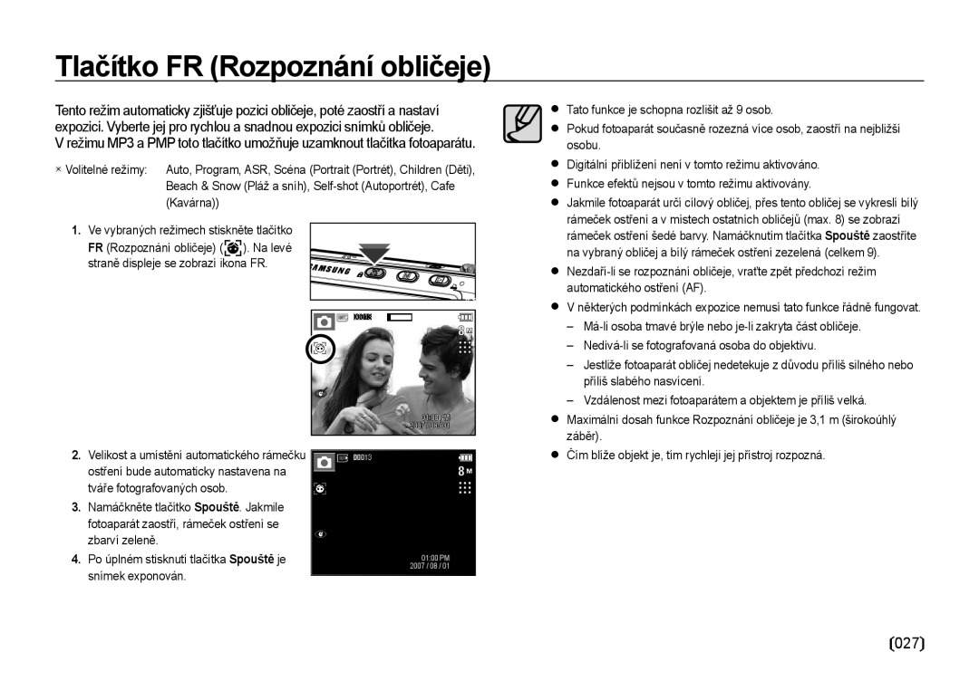 Samsung EC-I85ZZBBA/E3, EC-I85ZZSBA/E3, EC-I85ZZRBA/DE manual Tlačítko FR Rozpoznání obličeje, 027 