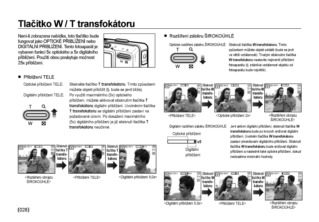 Samsung EC-I85ZZSBA/E3, EC-I85ZZBBA/E3, EC-I85ZZRBA/DE Tlačítko W / T transfokátoru, 028,  Rozšíření záběru Širokoúhlé 