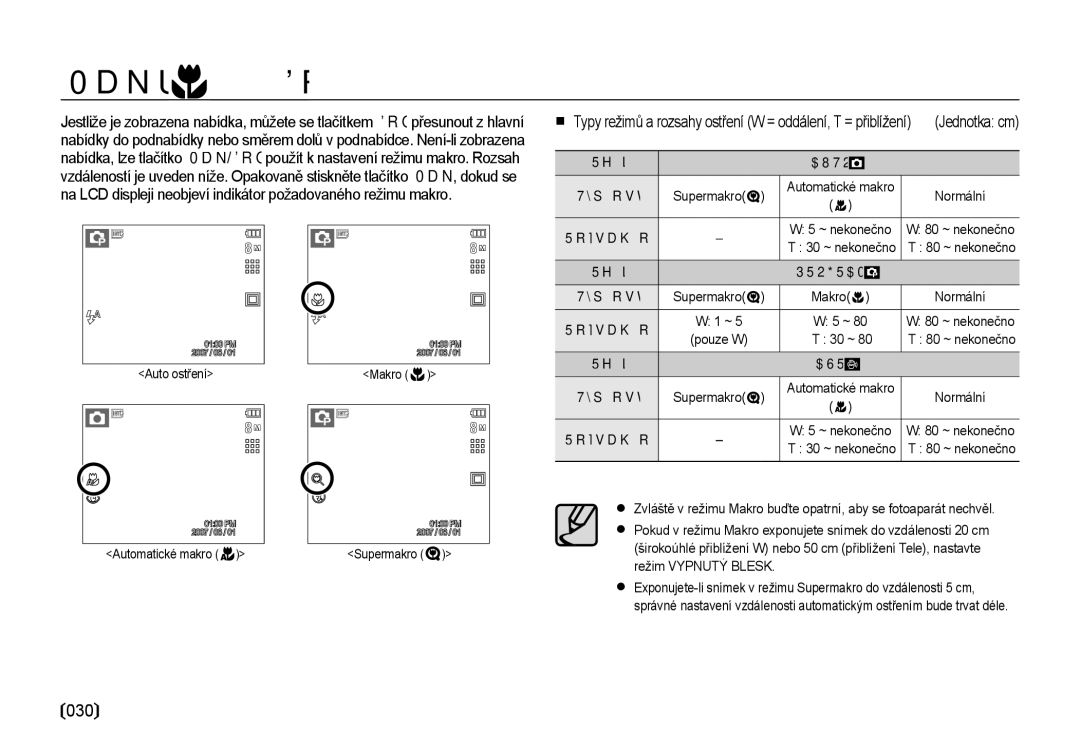 Samsung EC-I85ZZBBA/E3, EC-I85ZZSBA/E3, EC-I85ZZRBA/DE manual Makro / Dolů, 030, Typ ostření, Rozsah ostření 