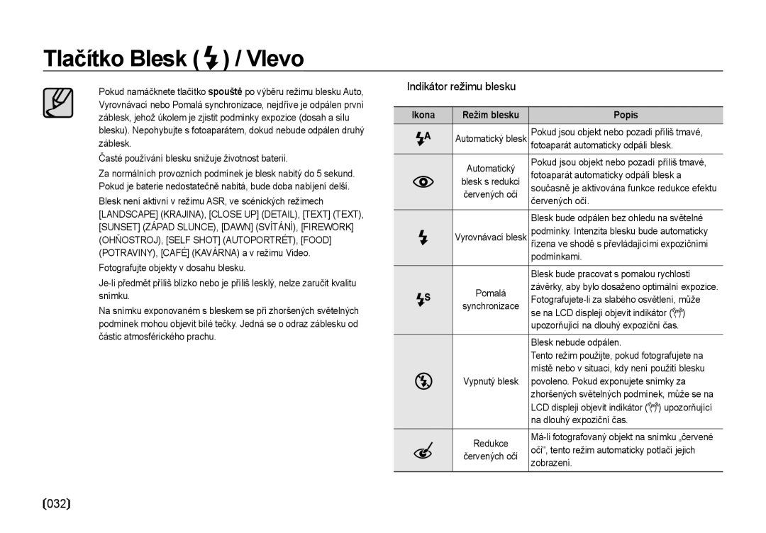 Samsung EC-I85ZZRBA/DE, EC-I85ZZBBA/E3, EC-I85ZZSBA/E3 manual 032,  Indikátor režimu blesku, Ikona Režim blesku 