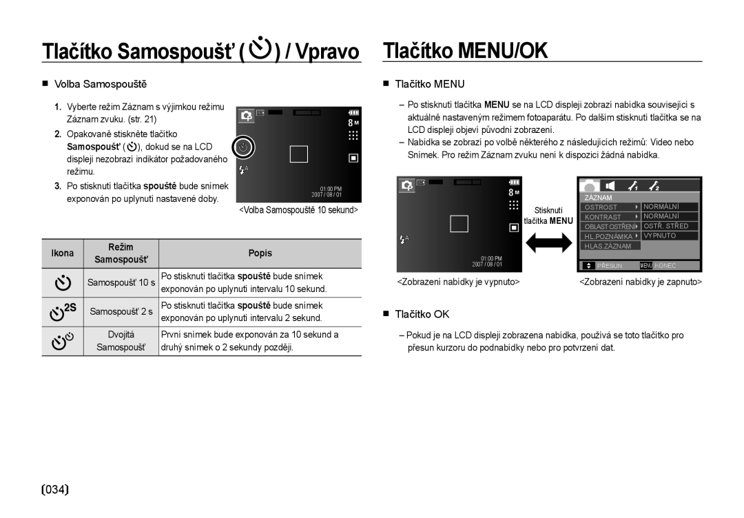 Samsung EC-I85ZZSBA/E3 manual Tlačítko Samospoušť / Vpravo Tlačítko MENU/OK, 034,  Volba Samospouště,  Tlačítko OK, Ikona 