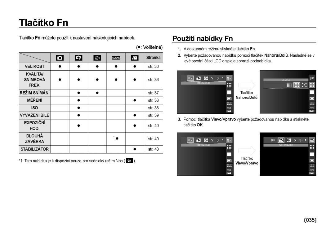 Samsung EC-I85ZZRBA/DE manual Použití nabídky Fn, 035, Tlačítko Fn můžete použít k nastavení následujících nabídek 