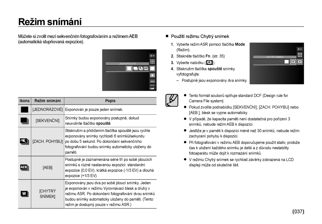 Samsung EC-I85ZZSBA/E3 manual Režim snímání, 037,  Použití režimu Chytrý snímek, Jednorázové Sekvenční, AEB Chytrý Snímek 